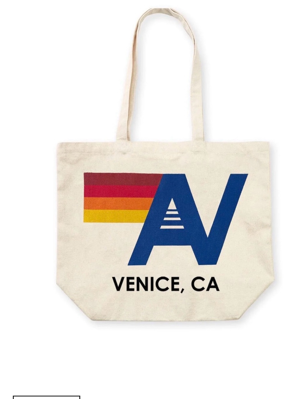 Aviator Nation White Tote with Blue 'A' and Rainbow Stripes
